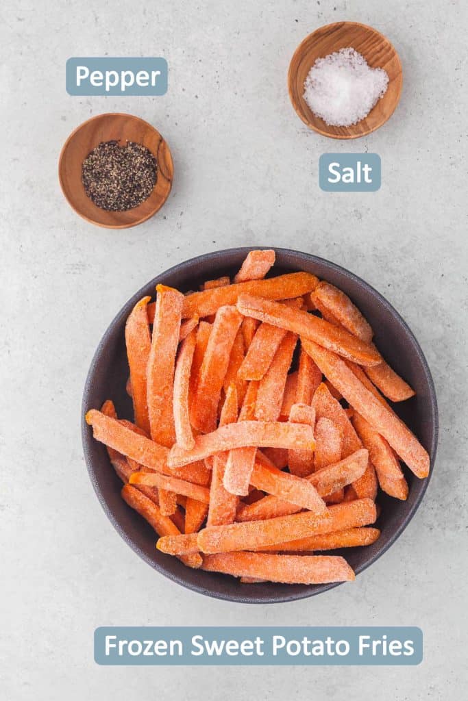 Ingredients to make sweet potato fries include: Frozen Sweet potaoes, salt, and pepper.