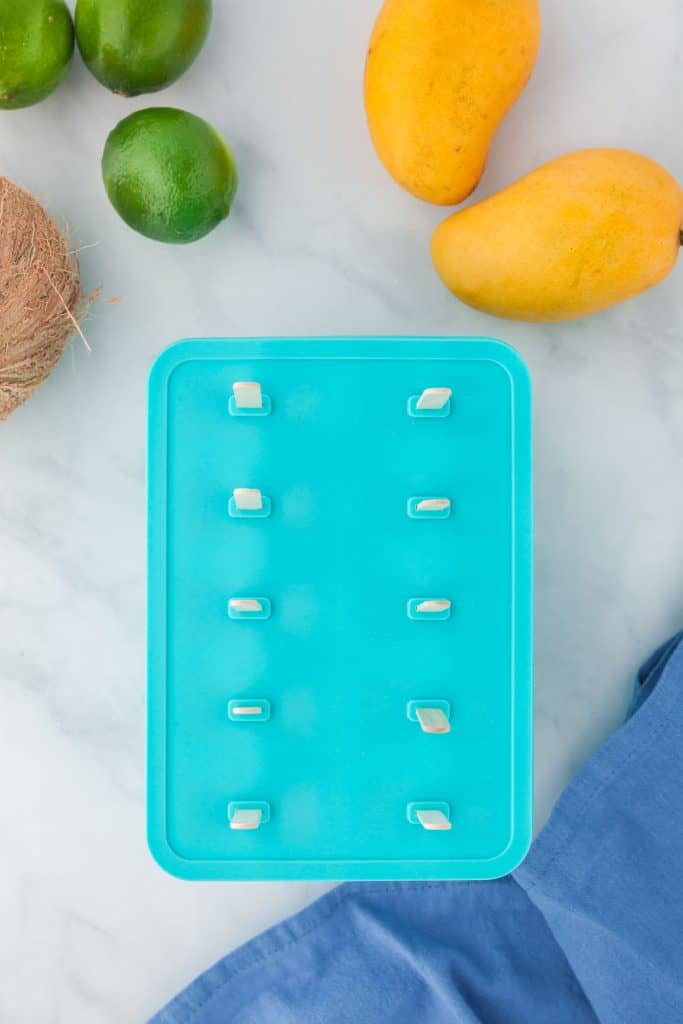 Popsicle mold filled and lid placed on.  Ten popsicle sticks inserted into the holes of the popsicle mold.  Entire mold is surrounded by fresh mangoes, limes, and coconuts.