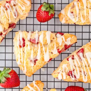 overhead shot of strawberry scones cooling on a cooling rack