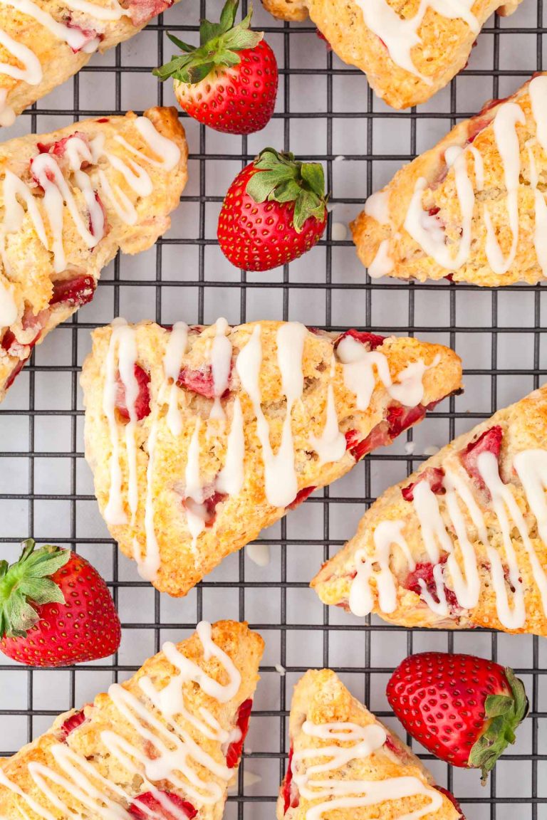 overhead shot of strawberry scones cooling on a cooling rack