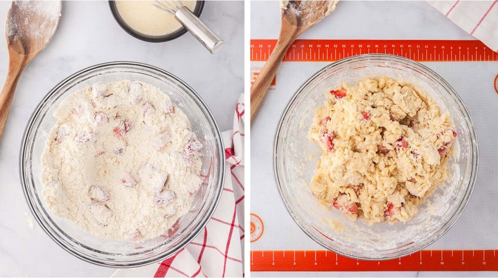 Side by side comparison of mixing bowl with dry ingredients for strawberry scones, and mixing bowl after liquids have been added and mixed together