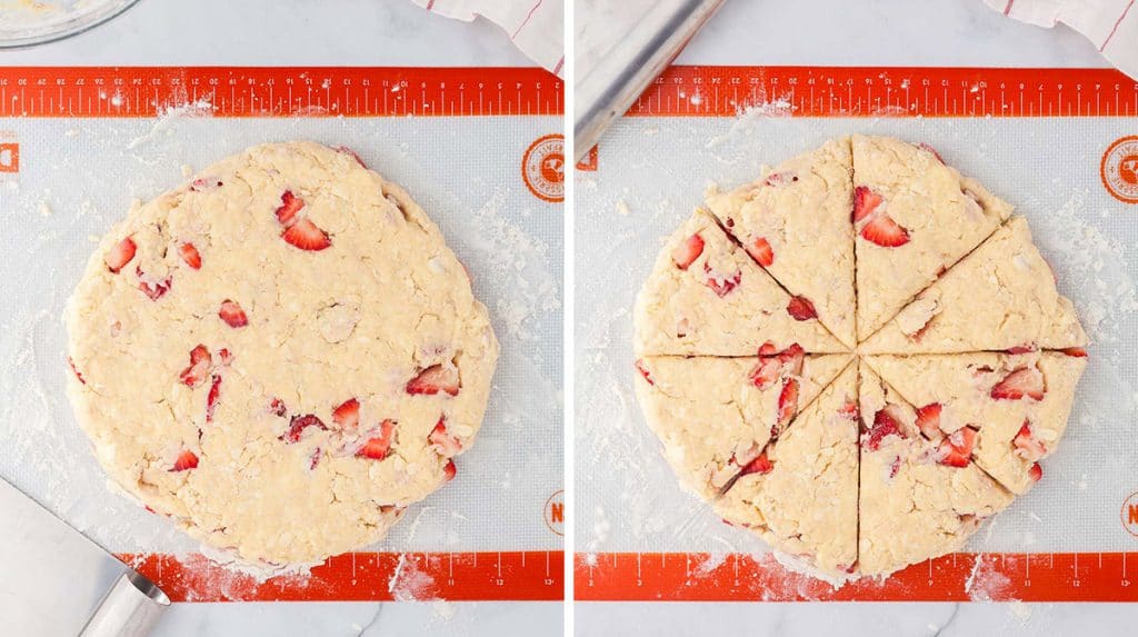 Side by side photo of strawberry scone dough pressed into a 1" thick disk on the left side, and on the right side this disk is cut into 8 even triangular pieces