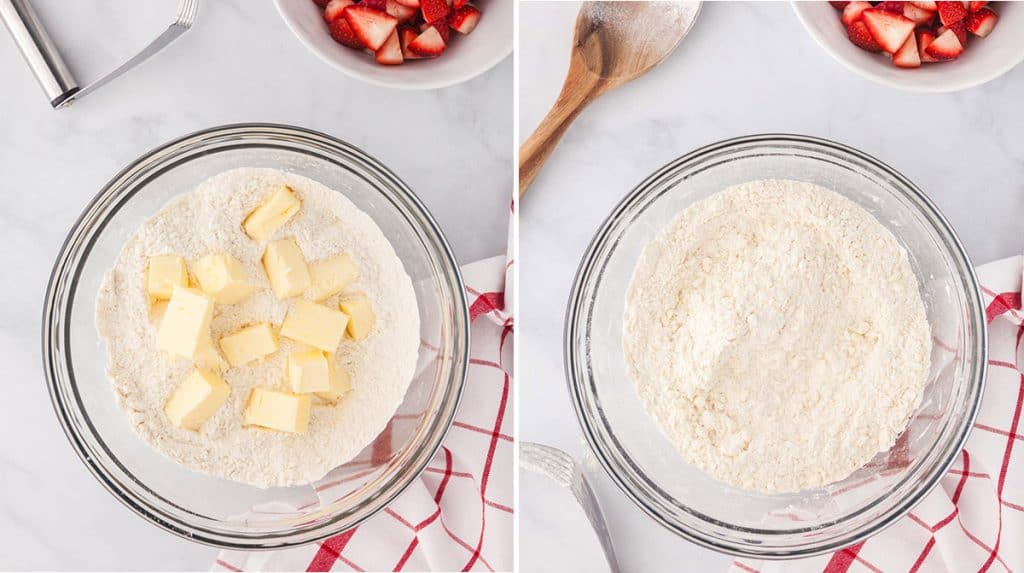 side by side comparison of what cutting in the butter looks like, the butter bits are well covered in flour and it looks like a coarse crumb