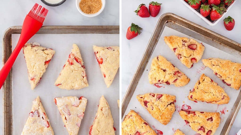 side by side comparison on the right side is the baking sheet with unbaked strawberry scones coated in heavy cream and spinkled with coarse sugar, the left side is the baked strawberry scones on the baking sheet