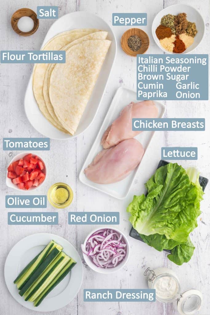 Overhead shot of ingredients used to make this Chicken Wrap.