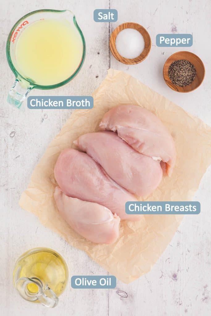 Overhead shot of ingredients used to make dutch oven shredded chicken