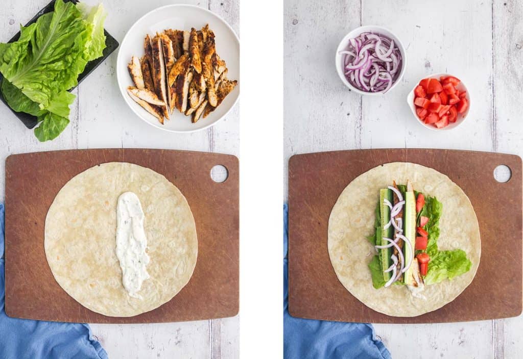Overhead shot showing how to fill the flour tortilla to make a chicken wrap. Left side shows a flour tortilla with the ranch dressing spread one. The right side shows the middle of the tortilla filled with lettuce, chicken, cucumber, tomatoes, and red onions.