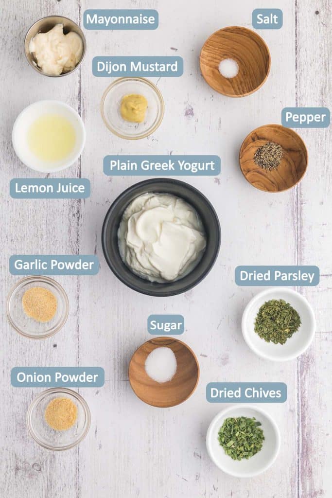 Overhead shot of ingredients necessary to make Greek Yogurt Ranch Dressin
