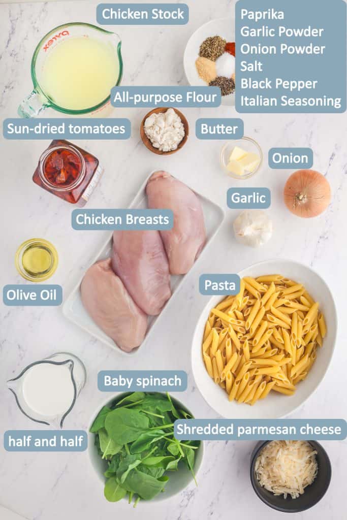 Overhead shot of ingredients needed to make Marry Me Chicken Pasta