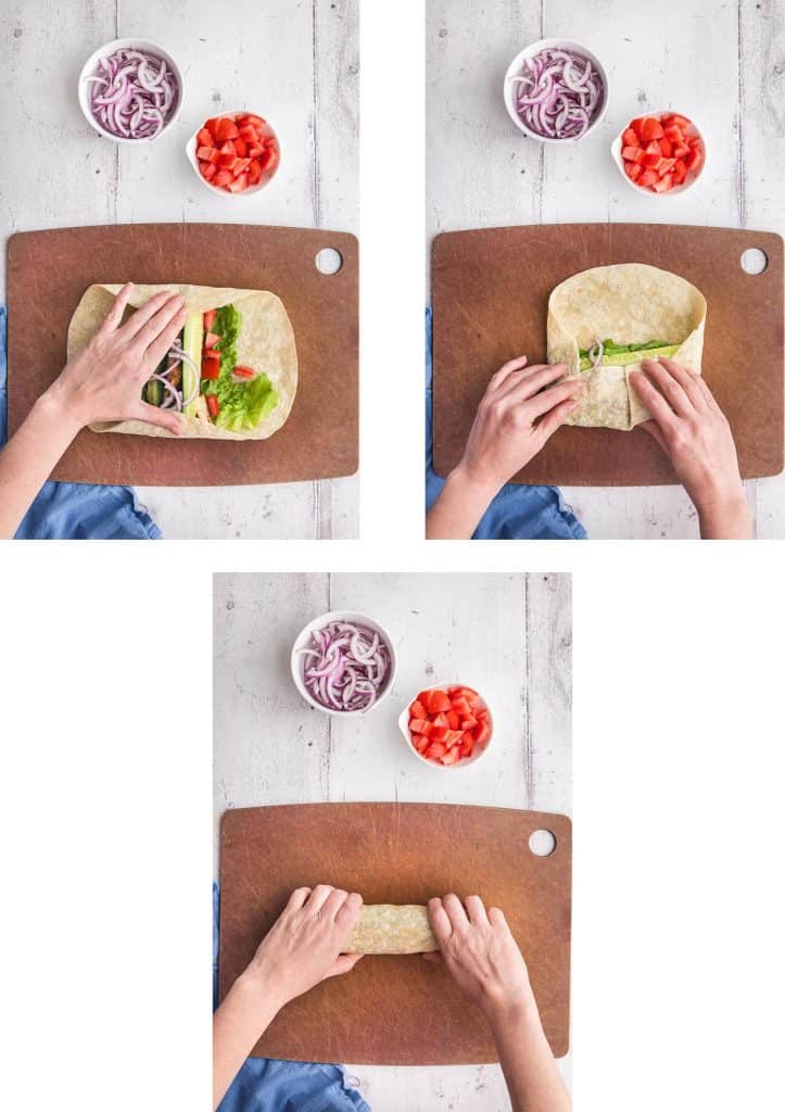 Three overhead pictures showing how to roll the Chicken Wrap. First fold the top and bottom of the tortilla over the filling, turn the wrap 90 degrees and begin rolling from the bottom up
