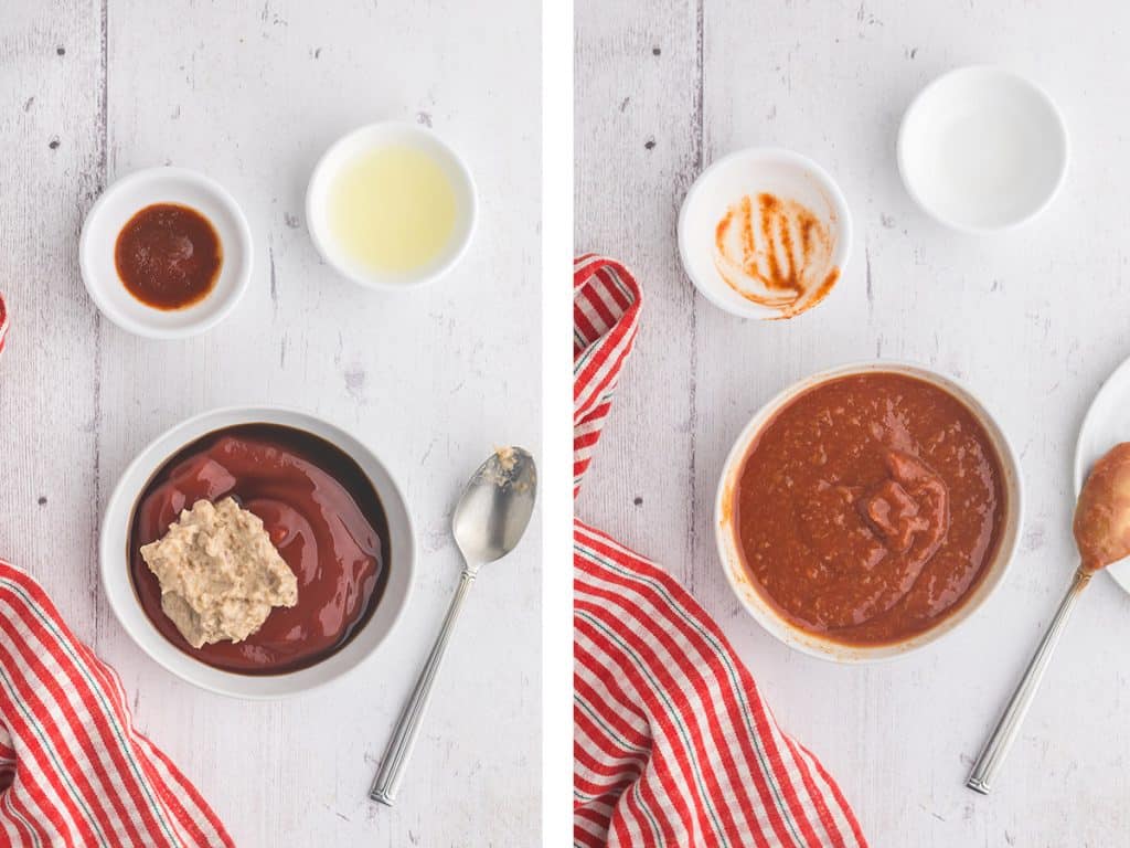 Side by side overhead shot of making shrimp cocktail sauce. Left photo is a small white bowl with ketchup, worcestershire sauce, and horseradish in it. There are two pinch bowls above, one with lemon juice and one with hot sauce. The photo on the right shows the final product all mixed and in a small white bowl.