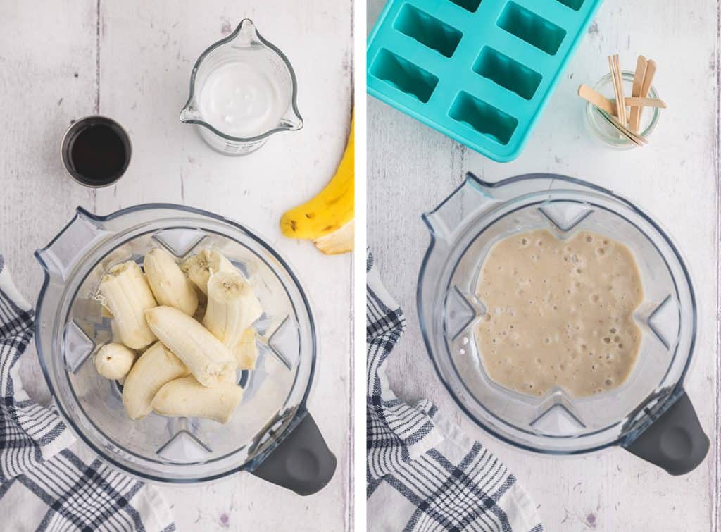 Side by side overhead photo of before and after blending of banana popsicle ingredients. Blender on left with bananas in it and coconut milk and maple syrup at top of photo ready to go in, right side is a picture inside blender after all ingredients have been blended. The batter is a light beige color