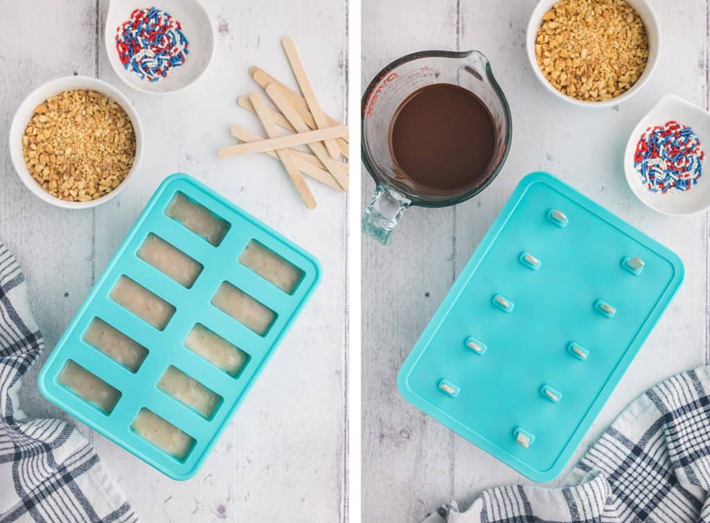 Side by side photos of popsicle mold being filled with banana popsicle batter on the left and on the right the mold is full with lid on and popsicle sticks inserted.