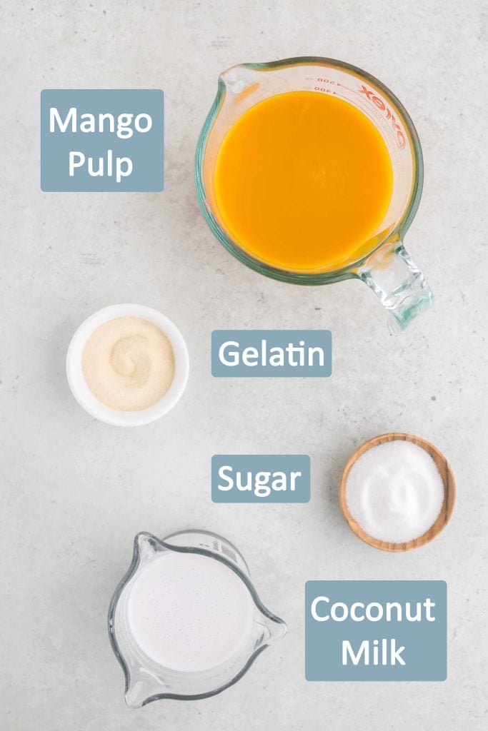 birds eye view of ingredients needed to make mango pudding including: mango pulp, gelatin, sugar, and coconut milk