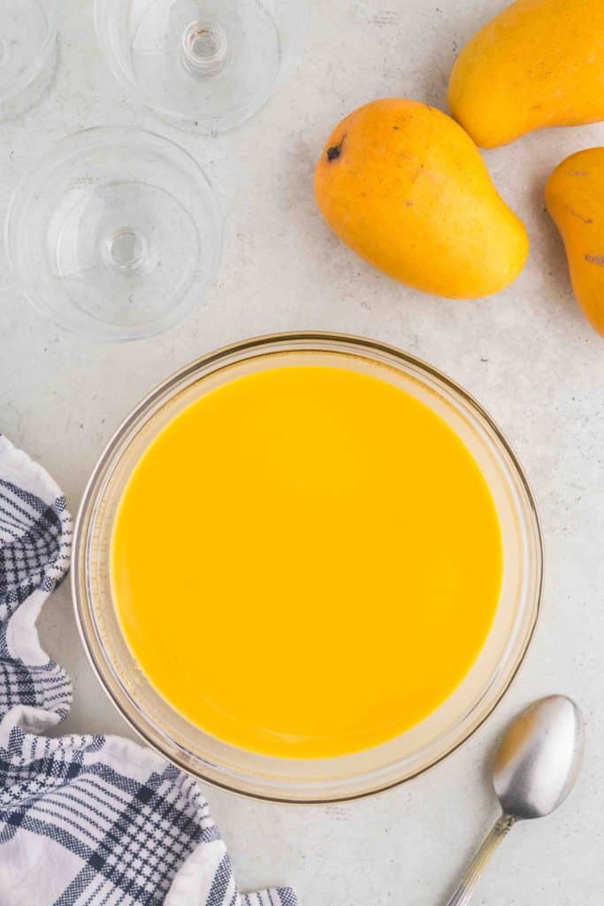 Overhead shot of a large mixing bowl containing mango pulp, coconut milk, sugar, gelatin, and boiling water all mixed together.