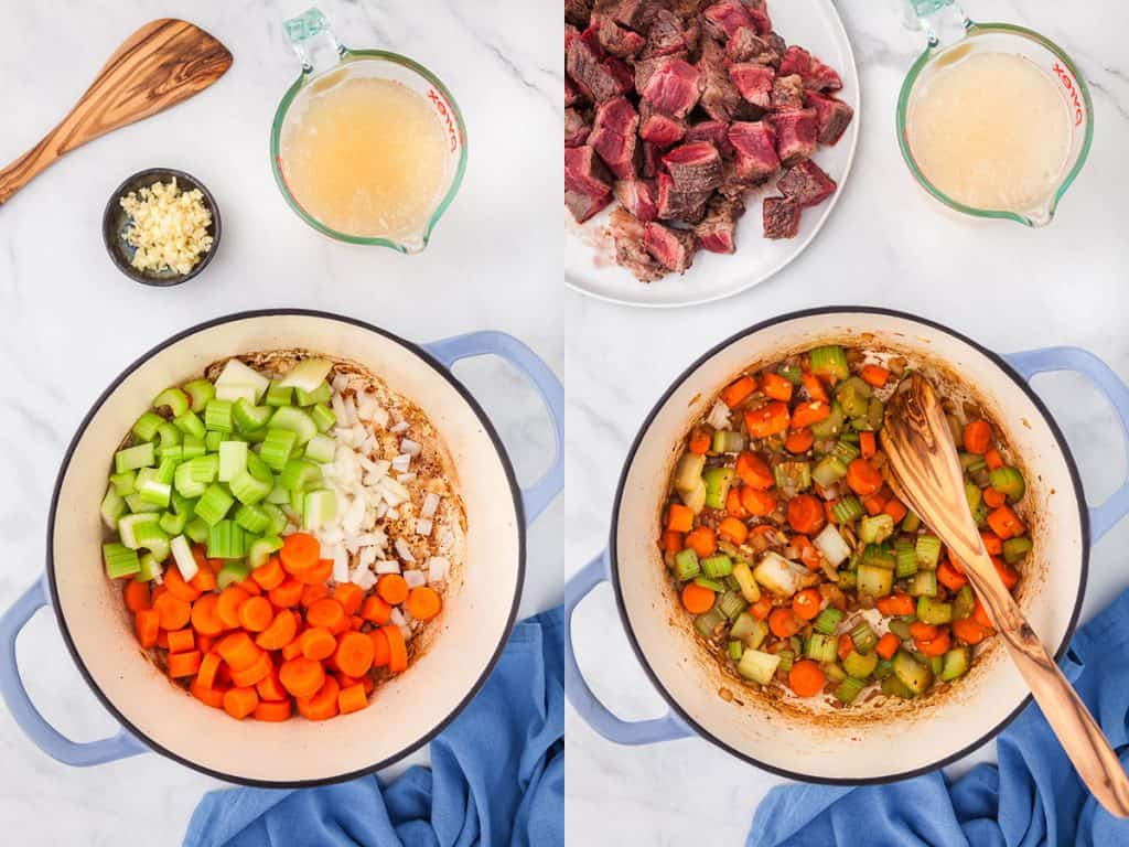 Side by side overhead shot. On the left is a large dutch oven filled with uncooked carrots, onions, and celery. On the rights is the same vegetables after they have been cooked in the pot.