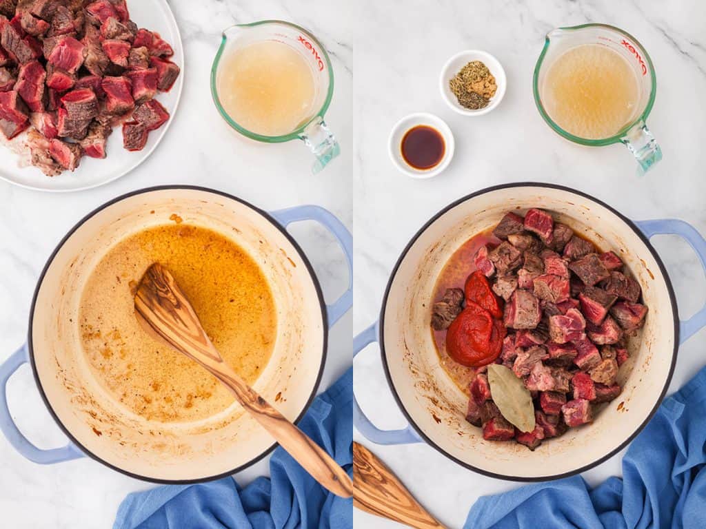 Side by side overhead shot. On the left is the dutch oven after it has been deglazed by adding a small amount of chicken broth. Picture on the right is of the Dutch oven after deglazing the the beef has been added back in, along with the tomato paste, and spices.