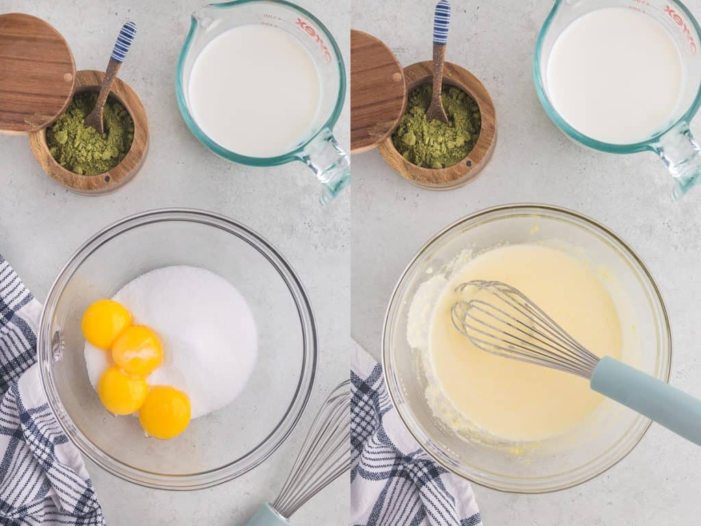 side by side over head photo of egg yolks and sugar in a mixing bowl before and after whisking together. On the left is the before picture, sugar with 4 egg yolks, on the right is a mixing bowl with a thick creamy yellow mixture inside and a whisk resting in the bowl.