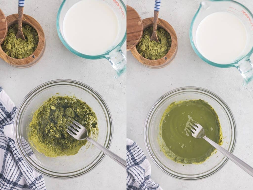 Side by side overhead view of making matcha paste. The first shot on the left is the green matcha powder in a glass bowl mixed with a couple of tablespoons of milk. It is dry and clumpy. The picture on the right shows the matcha after it has been mixed well with about 5 tablespoons of milk and has formed a fairly silky paste.