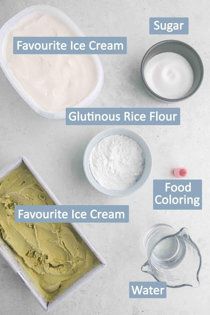Overhead picture of ingredients needed to make Mochi Ice Cream. Your favourite ice cream, sugar, glutinous rice flour, food coloring optional, and water