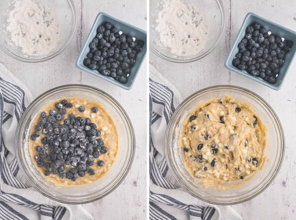 Overhead shot of two pictures side by side. The picture on the left is the cottage cheese blueberry muffin batter in a glass bowl with the lightly floured blueberries on top. The picture on the right is the batter after the blueberries have been folded in.