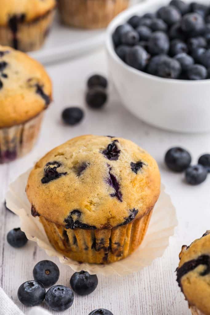 A side shot of a cottage cheese blueberry muffin with it's wraper undone and the muffin is sitting atop of it. There or more muffins in the background along with a bowl of blueberries. There are also some blueberries scattered around the muffin.