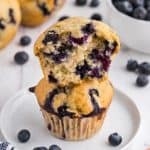 side shot of two cottage cheese blueberry muffins on a small white plate. One muffin has been pulled apart and is sitting atop the other muffin on the plate. You can see lots of blueberries inside the muffin. In the background there are more muffins and fresh blueberries scattered about.