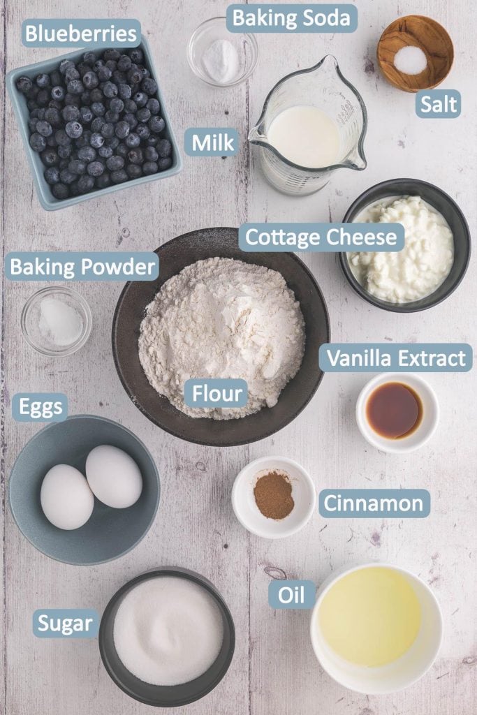 Overhead shot of ingredients needed to make cottage cheese blueberry muffins. Ingredients are: fresh blueberries, milk, cottage cheese, baking powder, baking soda, salt, flour, vanilla, eggs, cinnamon, sugar and oil
