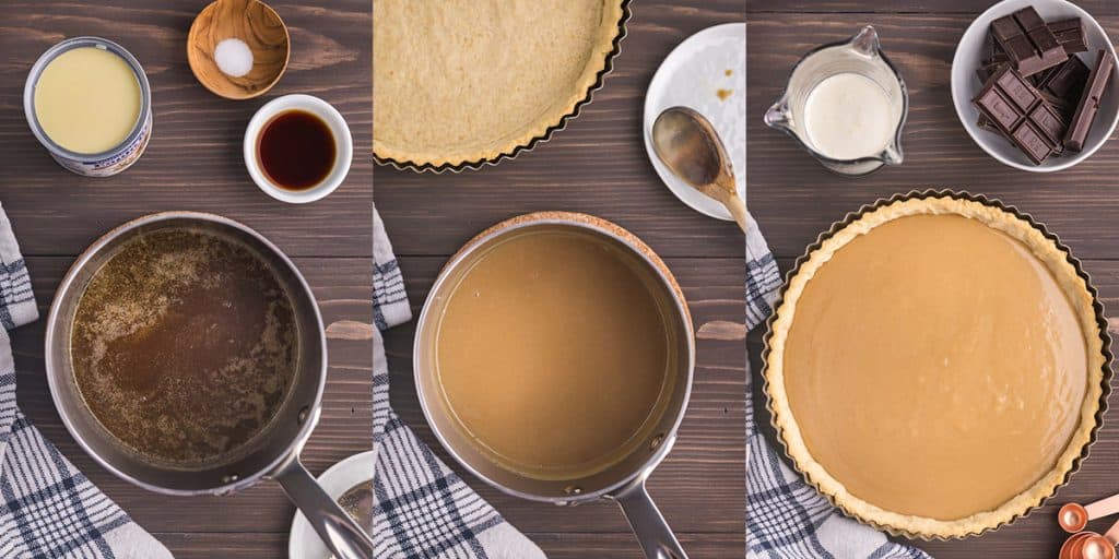 Three pictures side by side showing how to make the caramel for chocolate caramel tart. The first picture on the left is a small saucepan with melted butter, brown sugar and corn syrup all mixed together. Above the saucepan is a can of condensed milk, vanilla extract, and salt. The middle picture is the caramel after all the ingredients have been added to the saucepan and heated. The third picture is of the tart shell filled with the caramel.