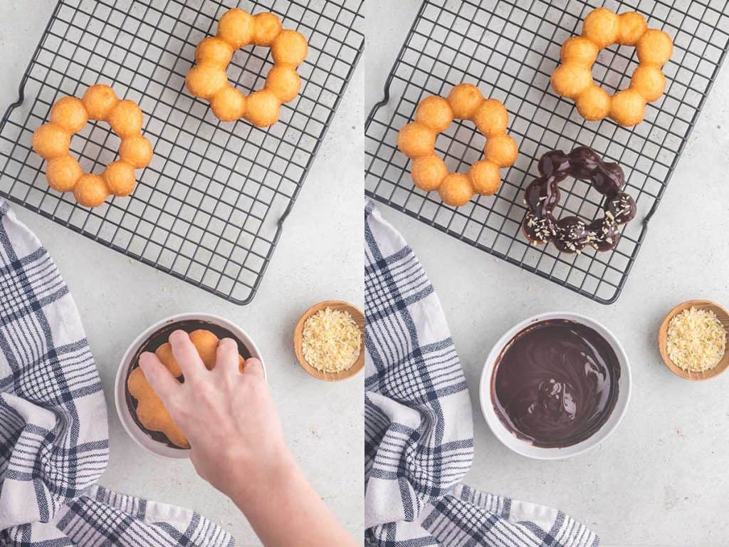 side by side overhead shots of a mochi donut being dipped in a bowl of chocolate  ganache on the left hand picture, while the right hand picture shows the mochi donut resting on a cooling rack after it has been dipped in the chocolate ganache