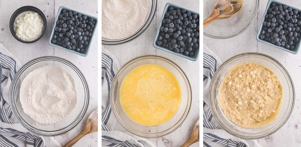 Three overhead pictures side by side. The first picture shows the dry ingredients mixed together in a glass mixing bowl. The second picture shows a yellow liquid of all the wet ingredients mixed together in a glass bowl. And the third picture shows a glass bowl of the batter after the wet and dry ingredients have been combined.