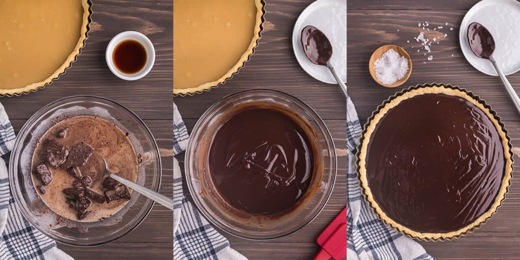Three pictures side by side showing how to make the ganache for the chocolate caramel tart. The picture on the left is a glass bowl containing the warm cream and partially melted chocolate. The picture on the left is the same glass bowl after all the chocolate has melted and you have a nice shiny chocolate ganache. The picture on the right is of the tart now filled with the chocolate ganache layer.