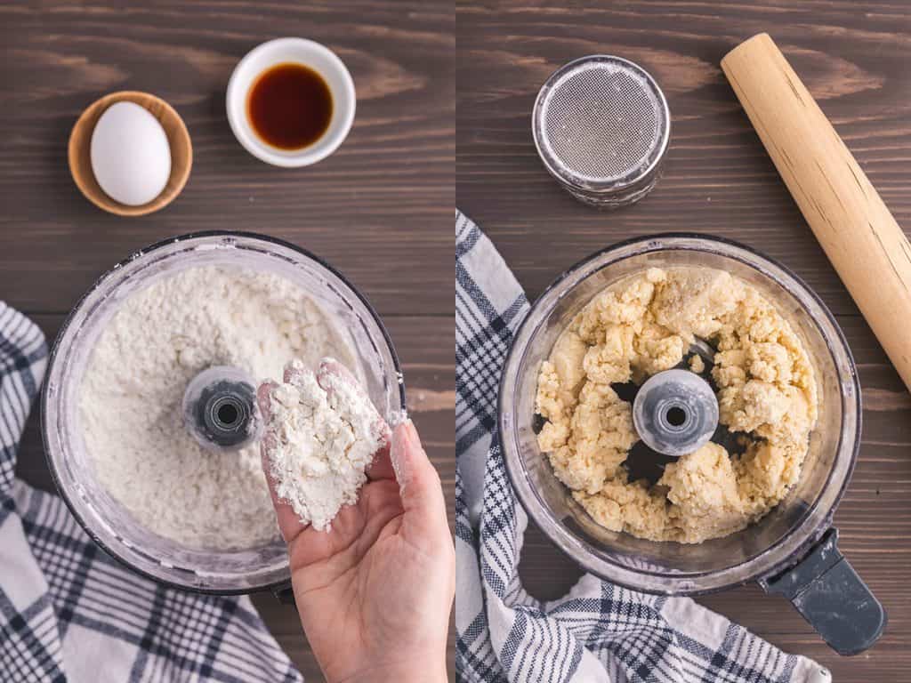 Side by side overhead shot of the food processor. The left picture show the crumbly texture of the butter flour mixture, and the picture on the right shows the dough after it has come together and is ready to be rolled out.