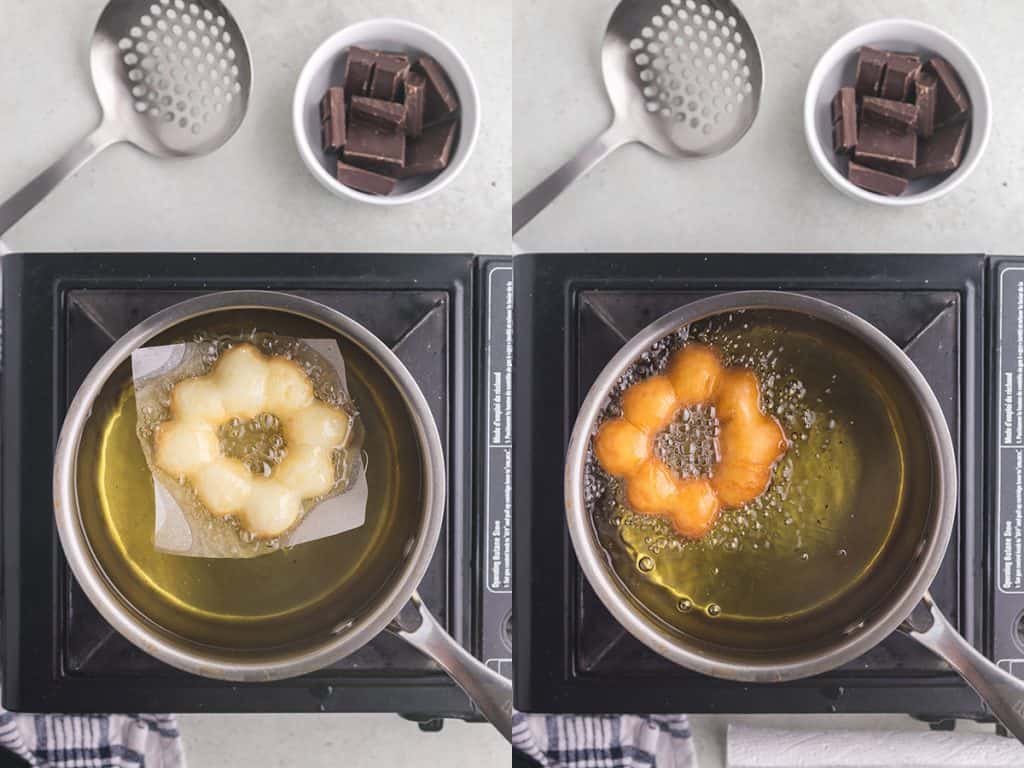 Overhead side by side picture of mochi donuts cooking in a pot of oil.  On the left, the mochi donut has just been put in the oil along with the parchment paper.  On the left, the mochi donut is done cooking and ready to be removed.