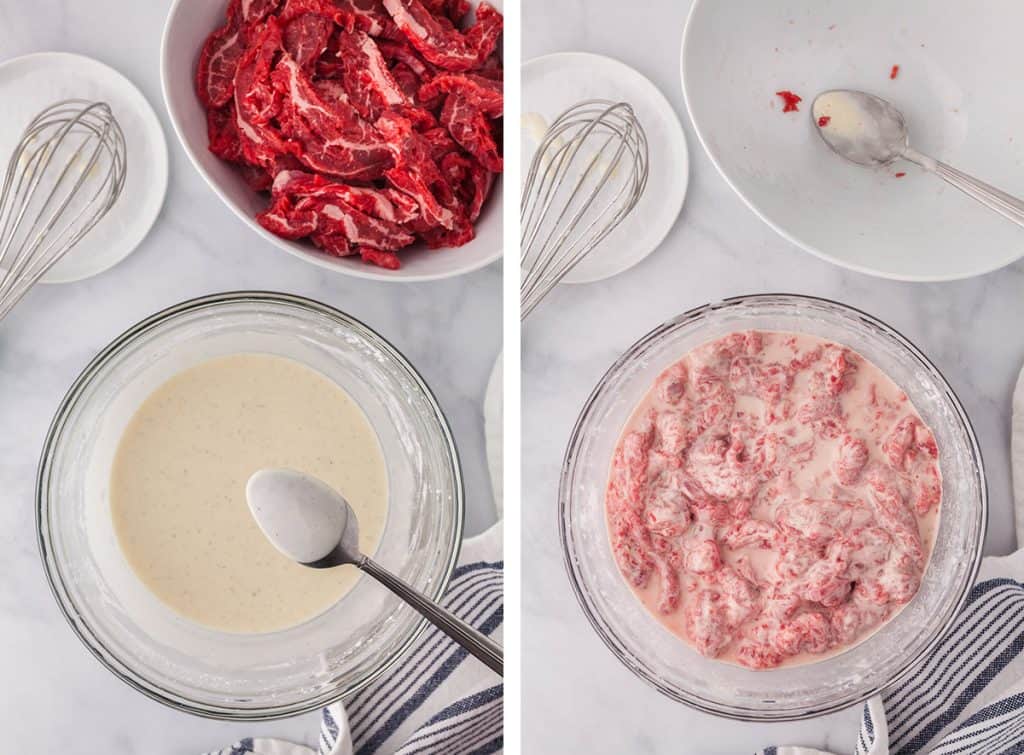 Side by side overhead shot. On the left shows a bowl filled with the cornstarch slurry used to coat the sliced flank steak. A spoon has been dipped in the slurry and you can see how the batter thinly coats the back of the spoon. Picture on the right is the flank steak marinating in the cornstarch slurry.