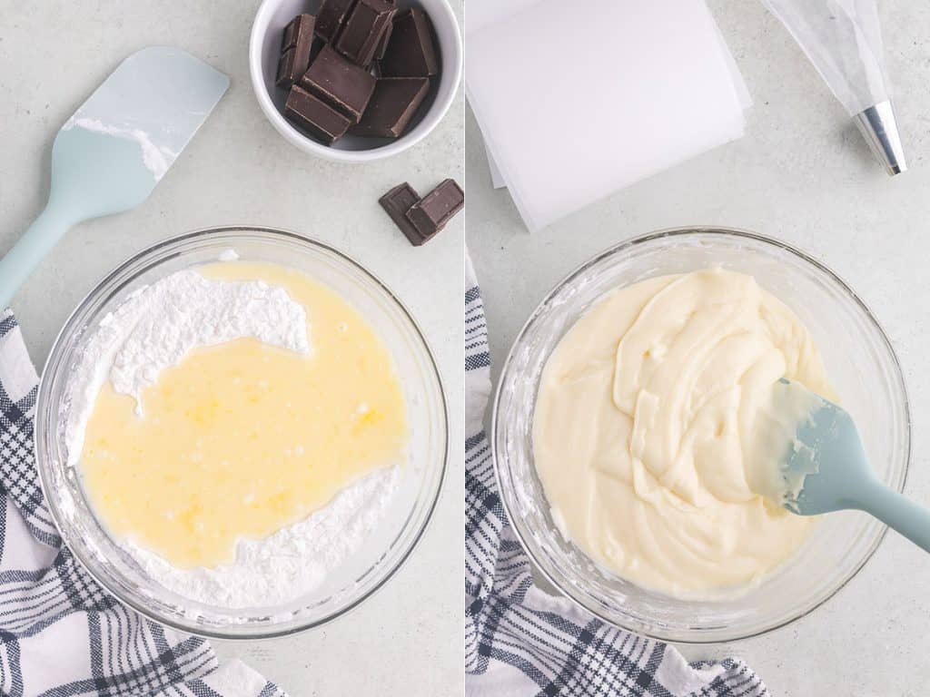 Side by side shot of making the mochi donut dough.  The left picture is a large glass bowl with the dry ingredients in it, and also the wet ingredients have been poured on top.  The top left corner has a blue rubber spatula spoon which will be used to mix the dough.  The picture on the right is of the glass bowl containing the mixed mochi dough showing it's thick texture but still pipeable.