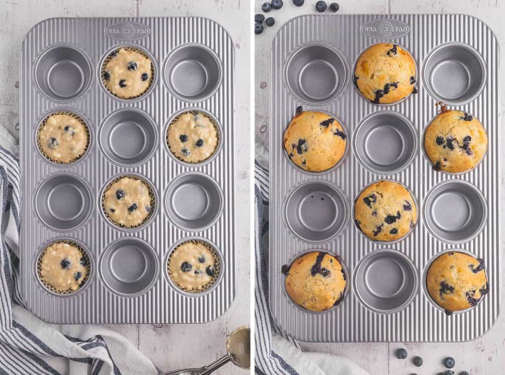Overhead shot of two muffin pans side by side. The muffin pan on the left has every other hole filled with blueberry cottage cheese muffin batter. The muffin tin on the right is the same tin as on the left but after the muffins have been baked.