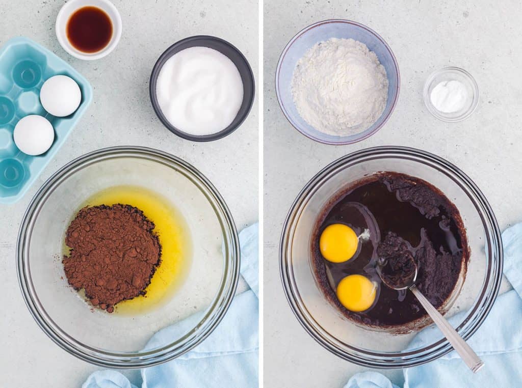 overhead side by side shot of part of the process of making the brownie batter for brookies. The bowl on the left contains the melted butter and cocoa before stirring. The bowl on the right contains the brownie batter with two eggs that have just been cracked and added to the bowl.