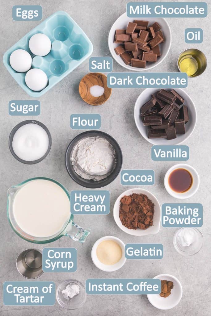 Overhead shot showing all the ingredients necessary to make the chocolate mousse cake. Ingredients are: eggs, milk chocolate, dark chocolate, oil, salt, sugar, flour, vanilla extract, heavy cream, cocoa, baking powder, corn syrup, gelatin, cream of tartar, instant coffee powder