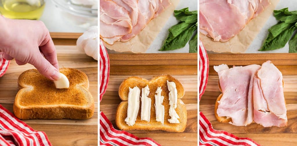 Three side by side overhead shots of the process of making this egg breakfast. The picture on the left shows the toast being rubbed with the fresh garlic. The middle picture shows the same piece of toast with four slices of brie cheese on top. The picture on the right shows the same toast with now two slices of ham on top of everything.