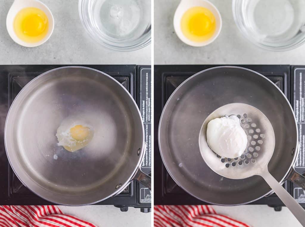 Overhead shot of two photos side by side. The left photo shows the egg just after being added to the saucepan for poaching, and the photo on the right shows a slotted spoon removing the poached egg from the water.