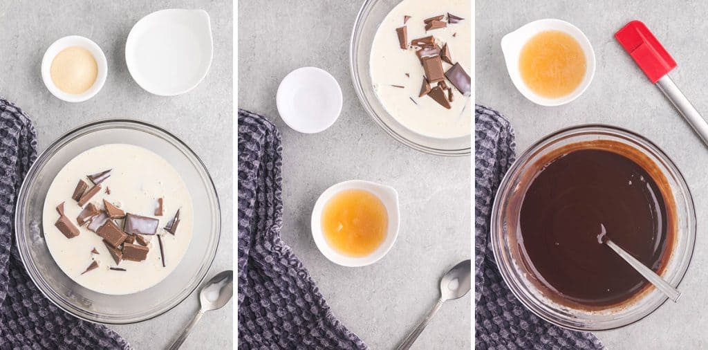 Three overhead pictures side by side. The first picture on the left shows a glass bowl of chopped chocolate covered by hot heavy cream. Above this bowl are two small bowls, one filled with gelatin the other with water. In the middle picture the bowl of water has been filled with the gelatin allowing the gelatin to hydrate. The third picture is of a large glass bowl of melted chocolate with a small bowl of dissolved/melted gelatin and a small rubber spatula above.