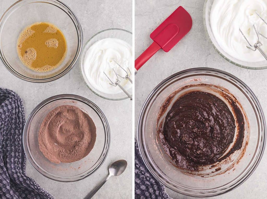 Side by side overhead shot of how to make the chocolate chiffon cake. The left image shows a bowl with brown dry ingredients mixed together. Int he upper left corner there is a glass bowl with a yellow brown liquid of the wet ingredients, and the upper right corner is a glass bowl with the egg whites beaten to stiff peaks. In the photo on the right the wet and dry ingredients have been mixed together into a thick brown batter, and still in the upper right hand corner is the beaten egg whites which will be added next.