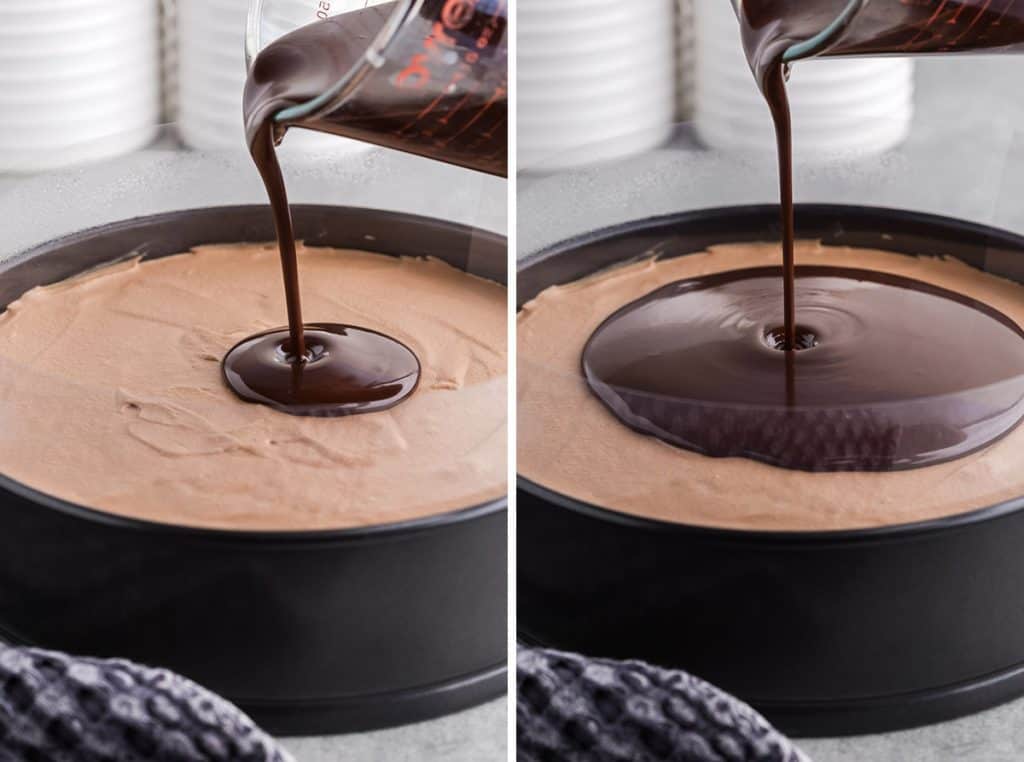 two photos side by side showing chocolate ganache being poured over the chocolate mousse cake. The first picture is the beginning of the pour and the second picture is towards the end of the pour and a lot of the cake is covered in a thick layer of chocolate ganache