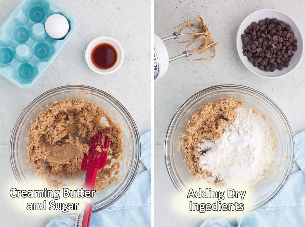 overhead process shot of two side by side photos of the mixing bowl. In the bowl on the left the butter and brown sugar have been creamed together into a light brown creamy/fluffy mixture. In the bowl on the right, the egg and vanilla extract have been blended in and the dry ingredients have been dumped on top ready to be mixed in.