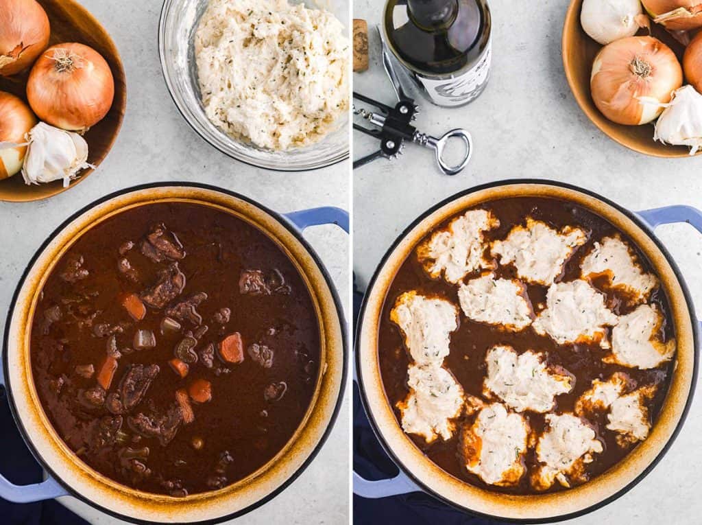 Side by side over head of two photos. The one on the left is of the beef stew after cooking in the oven for 1 hour, the photo on the right is the beef stew after the dumplings have been added on top and is ready to go back in the oven.