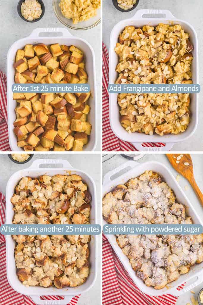 Part of the process of making brioche french toast casserole outlined in 4 overhead shots. First shot in upper left corner is the french toast casserole after 25 minutes of baking, it is nice and golden brown. The second picture on the upper right is after the frangipane paste has been spread over the top and sliced almonds sprinkled on. The third picture bottom left is after the French Toast Casserole has been baked for another 25 minutes, the frangipane is a nice golden brown. The fourth and final image, bottom right, is the casserole dish after it has been fully baked and now sprinkled with white icing sugar.