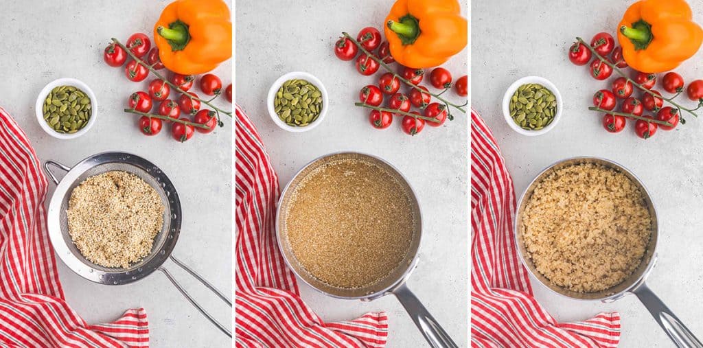 Three overhead photos side by side. The photo on the far left is raw quinoa in a mesh strainer after it has been rinsed. The middle shot is the rinsed quinoa in a saucepan with water, just before it is cooked on the stove top. The far right shot is of the cooked quinoa in the saucepan, the quinoa is nice and fluffy and not mushy.