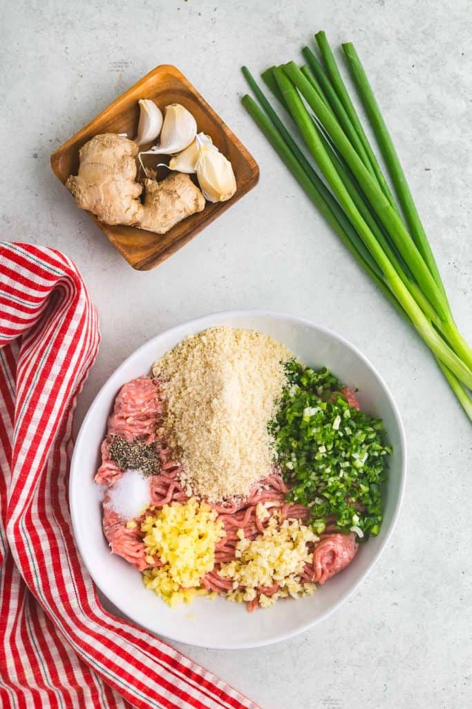 Overhead shot of a large white ceramic bowl filled with ground chicken, chopped garlic and ginger, panko, salt and pepper.  Above the bowl is a small square wooden bowl with fresh garlic and ginger.  To the right of this wooden bowl is a bunch of fresh green onion. 