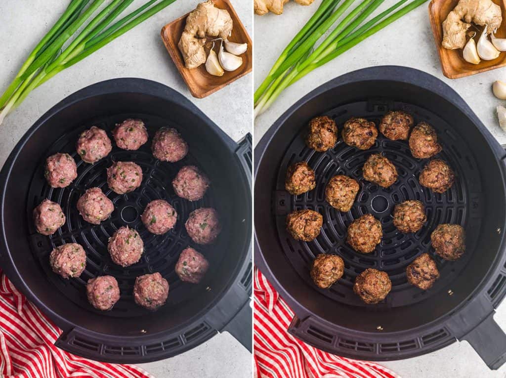 side by side shots of overhead pictures of the air fryer basket.  On the left is the air fryer basket filled with raw pink chicken meatballs, and on the right the basket is filled with cooked nicely browned chicken meatballs.  In both pictures, above the air fryer basket is fresh green onions, garlic and ginger.